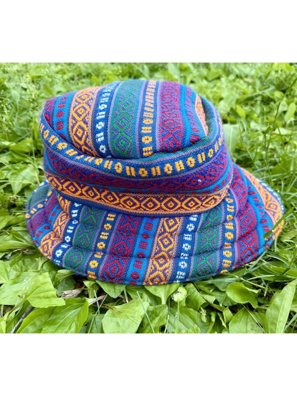 Vintage Turkish Woven Bucket Hat Tribal Geometric Boho Folk Art Festival Cap